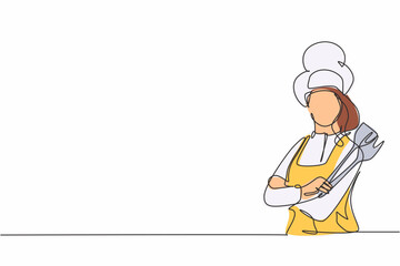 Single continuous line drawing of young female posing cross arm while holding fork and spoon. Professional work job occupation. Minimalism concept one line draw graphic design vector illustration