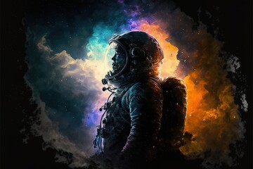 Fototapeta na wymiar Astronaut on a cold planet in space, snowy mountain landscape. Fantasy space landscape with an astronaut, neon. AI