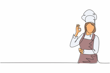 One continuous line drawing of young female chef pose casually while giving excellent food taste gesture. Restaurant banner concept single line draw design vector illustration with white background