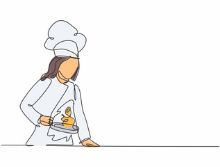 Fototapeta na wymiar Single continuous line drawing of young beauty female chef preparing to saute vegetables on cooking pan. Healthy organic food concept one line drawing design vector minimalism illustration