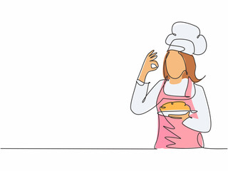 Single one line drawing of young attractive female chef making excellent taste gesture to delicious main dish meal he served. Hotel restaurant trendy one line hand drawn vector illustration minimalism