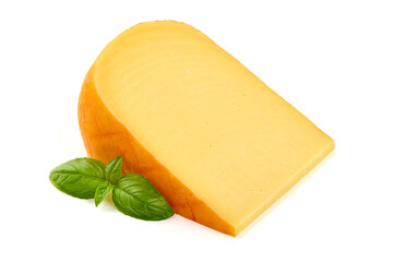 Hard Dutch gouda cheese, close-up, isolated on white background.