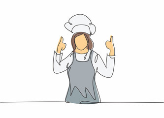 Continuous one line drawing of young happy beauty female chef giving thumbs up gesture. Excellent taste of food in hotel restaurant concept single line draw graphic design vector illustration