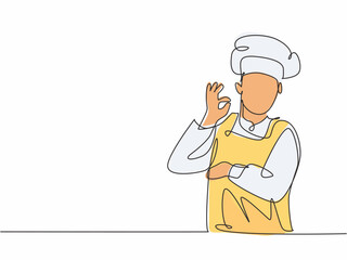 One continuous line drawing of young male chef pose casually while giving excellent food taste gesture. Restaurant banner concept single line draw design vector illustration with white background