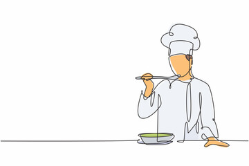 One continuous line drawing of young male chef tasting and smiling soup curry with wooden spoon. Healthy food preparation on commercial kitchen concept single line draw design vector illustration - obrazy, fototapety, plakaty