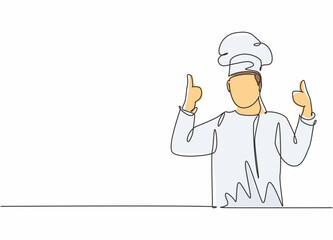 Continuous one line drawing of young happy handsome male chef giving thumbs up gesture. Excellent taste of food in hotel restaurant concept single line draw graphic design vector illustration