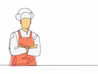 Single continuous line drawing of young confident handsome male chef in uniform pose standing and crossing arm in chest. Resto banner model concept one line drawing design vector graphic illustration