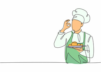Single one line drawing of young attractive male chef making excellent taste gesture to delicious main dish meal he served. Hotel restaurant trendy one line hand drawn vector illustration minimalism