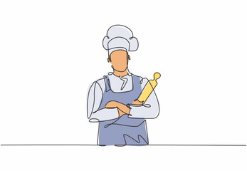 Continuous one line drawing of young attractive handsome male chef holding wood rolling pin while arm crossed on chest. Service excellent concept single line draw graphic design vector illustration
