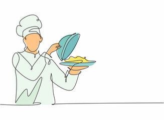 Single one line drawing of young attractive male chef serving delicious cuisine on restaurant. Holding and opening tray cloche modern template one line hand drawn vector illustration minimalism style