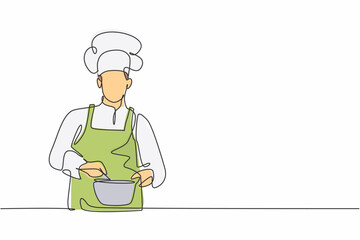 Single one line drawing of young handsome male chef stirring soup on pan to mix seasoning. Healthy organic vegan food modern template one line hand drawn vector illustration minimalism style