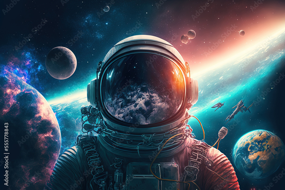 Wall mural background of an astronaut with planets in space. generative ai