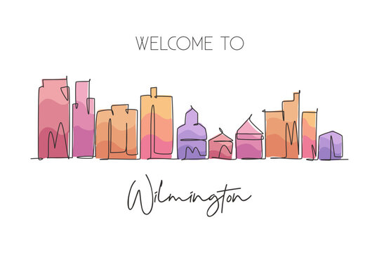 One single line drawing Wilmington city skyline, Delaware. World historical town landscape postcard. Best holiday destination. Editable stroke trendy continuous line draw design vector illustration