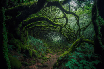 Beautiful green forest in Japan's Yakushima with a variety of unusual vegetation. Generative AI