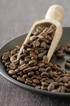 Close-up of Coffee Beans in Bowl with Scoop, Still Life