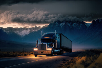 Fototapeta na wymiar Approaching truck on the highway at dusk in a remote setting. Generative AI