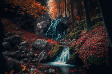 Amazing waterfall scene in an autumnal woodland with vibrant autumnal hues in Ukraine. Generative AI