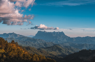 Scenery of Doi Luang Chiang Dao mountain peak on viewpoint in national park at the sunrise. Hadubi hill viewpoint, Wiang Haeng, Chiang Mai, Thailand. Cinematic Tone Effect.