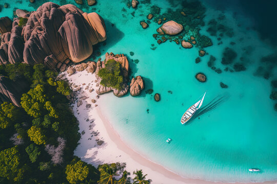 Aerial view of La Digue island's Grand Anse beach in the Seychelles. A catamaran yacht is anchored by a white sandy beach and an ocean lagoon. Generative AI
