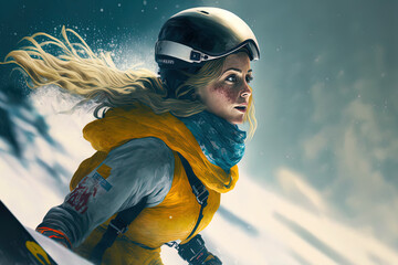 As she descends a slope on a snowboard, a woman in a ski outfit looks over her shoulder. Generative AI