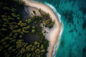 Poster aerial picture of a sandy beach and a coniferous forest in Norway, taken from above. This is a top down perspective of Scandinavian wildness and the sea. Generative AI © 2rogan