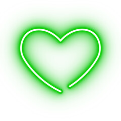 Neon green heart, glowing love heart icon on transparent background
