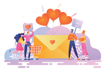 Happy Valentines day. Man and woman near large envelope with heart. Design element for greeting postcard for romantic holiday or festival. Boyfriend and girlfriend. Cartoon flat vector illustration