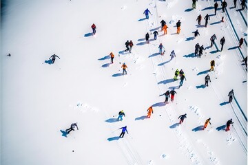 Fototapeta na wymiar Ski Aerial Picture at the Ski Restort in the Mountain, showing a Landscape Full of Snow