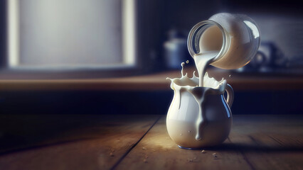 pure white milk being poured out of a glass into a white jug in a classical vintage environment