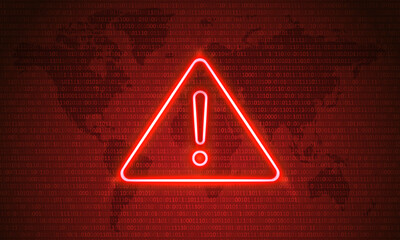 Attention Danger Hacking. Neon Symbol on Red Map Background. Security protection, Malware, Hack Attack, Data Breach Concept. System hacked error, Attacker alert sign computer virus. Ransomware. Vector