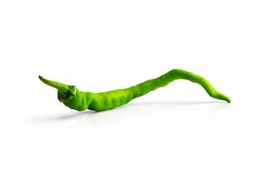 Green chili with long wicked shape, Isolated on white. Focus is on calyx.