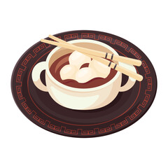 Asian traditional dish Tsukimi dango. Korean rice balls with syrup. Japanese traditional sweet. Vector flat drawn illustration for restaurant dishes, menu, poster, banner, delivery, cooking concept