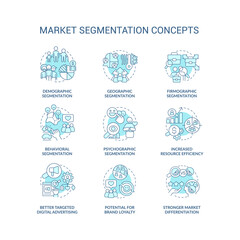 Market segmentation blue concept icons set. Divide in groups. Target audience idea thin line color illustrations. Isolated symbols. Editable stroke. Roboto-Medium, Myriad Pro-Bold fonts used