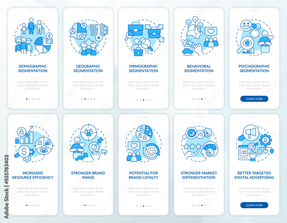 Poster market segmentation blue onboarding mobile app screen set. walkthrough 5 steps editable graphic inst