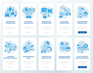 Market segmentation blue onboarding mobile app screen set. Walkthrough 5 steps editable graphic instructions with linear concepts. UI, UX, GUI template. Myriad Pro-Bold, Regular fonts used