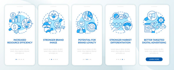 Benefits of market segmentation blue onboarding mobile app screen. Walkthrough 5 steps editable graphic instructions with linear concepts. UI, UX, GUI template. Myriad Pro-Bold, Regular fonts used