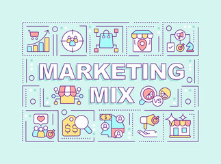 Marketing mix word concepts light blue banner. Promotion strategy. Infographics with editable icons on color background. Isolated typography. Vector illustration with text. Arial-Black font used