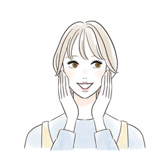 頰に手を当てる笑顔の女性　カジュアル