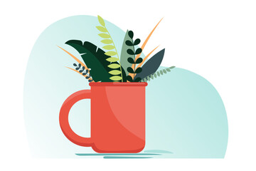 vector image red mug with different plants, flowers.