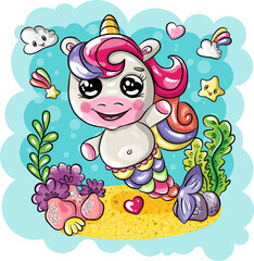 Naklejka premium A cute drawing of a mermaid unicorn. Coloring page cartoon illustration. Magical vector with unicorn head and body and fish tail under the sea. Cartoon flat style ideal for cards posters, textile