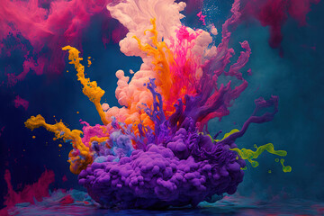 Fototapeta na wymiar Acrylic paint underwater explosion with a purple backdrop and rainbow smoke. Generative AI