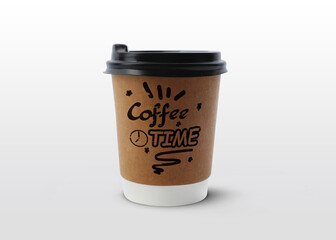 Takeaway paper cup with printed phrase Coffee Time isolated on white