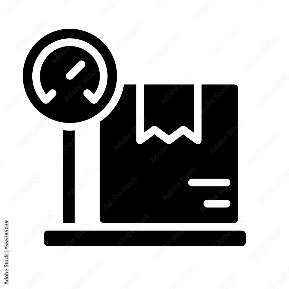 Poster Weighing parcel for shipping black glyph icon. Package weight limit. Delivery service. Measuring tool. Silhouette symbol on white space. Solid pictogram. Vector isolated illustration