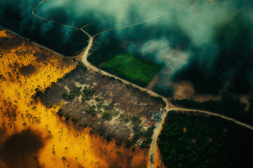 Aerial image of the ecological catastrophe caused by the Amazon fires in South America. Generative AI