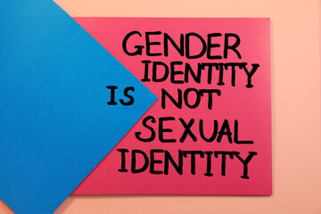 Paper with text Gender Identity Is Not Sexual Identity on pink background, top view