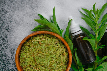 Stevia rebaudiana.sweet leaf sugar substitute.Dietary, vegan food sweetener.sweet plant.Dry stevia,...