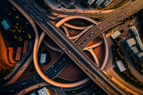 Aerial image of Spaghetti Junction in Birmingham, United Kingdom. Generative AI