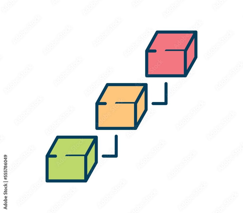Poster blockchain technology icon. multicolored cubes with connections, structure and scheme, code visualiz