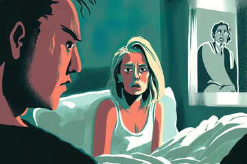 Unhappy young woman of Caucasian descent sits on bed and ignores the insulted man. An angry pair talks after arguing, a frustrated sad woman sits on her bed contemplating their marital issues, and unh