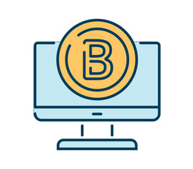 Blockchain technology icon. Gold coin on computer monitor, cryptocurrency and bitcoin mining. Earning money online and financial literacy. Investing and trading. Cartoon flat vector illustration